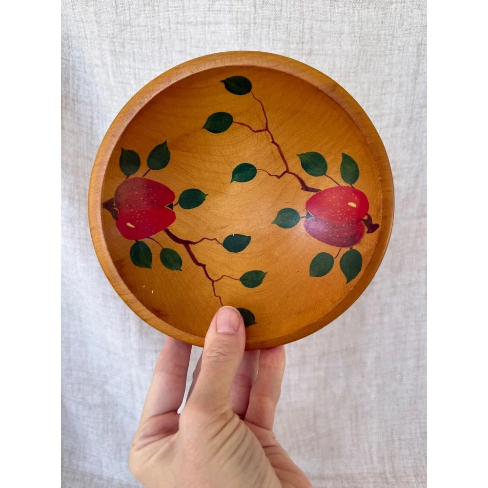 Vermont Wood Specialties Wooden Bowls Set 2 Brown Good Hand Painted Apple Fruit